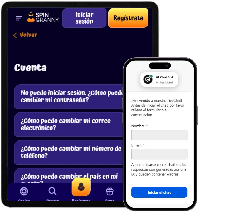 Centro de ayuda de SpinGranny Casino en tablet con preguntas sobre la cuenta y chat de atención al cliente con asistente virtual desde el móvil