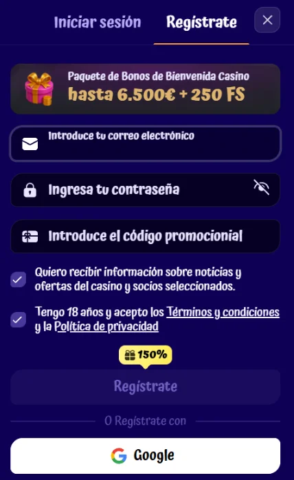 Formulario de registro de SpinGranny Casino con paquete de bonos de bienvenida de hasta 6.500 € y 250 tiradas gratis, código promocional y acceso con Google